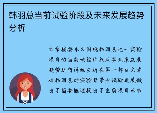 韩羽总当前试验阶段及未来发展趋势分析