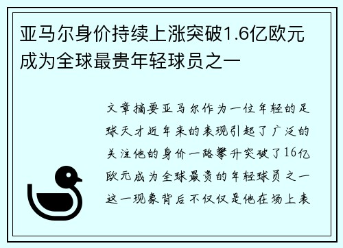 亚马尔身价持续上涨突破1.6亿欧元 成为全球最贵年轻球员之一 亚马尔身价持续上涨突破1.6亿欧元 成为全球最贵年轻球员之一