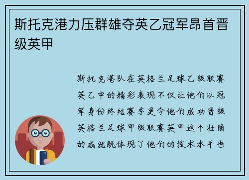 斯托克港力压群雄夺英乙冠军昂首晋级英甲 斯托克港力压群雄夺英乙冠军昂首晋级英甲